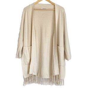 OXFORD SUNDAY Women’s Small Cashmere Blend Fringe Ivory Cardigan Quiet Luxury